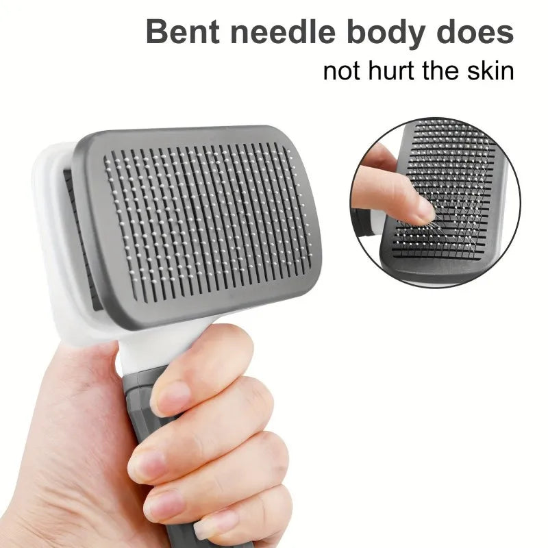 Ergonomic Handle Self Cleaning Pet Brush Round Tip Needles Massage for Dogs Cats 20cm