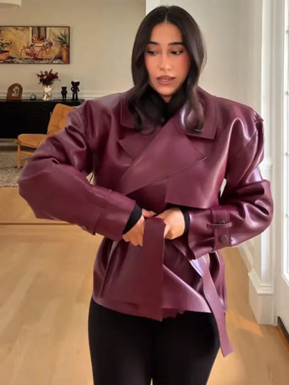Women PU Leather Jackets Coats Solid Lapel Collar Lace Up Full Sleeve Loose Outwear Female Elegant Chic Daily Streetwear Coats