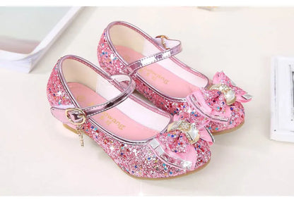 Princess Kids Leather Shoes for Girls Flower Casual Glitter Children High Heel Girls Shoes Butterfly Knot Blue Pink Silver