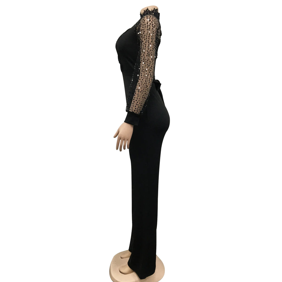 HBLL Women Sequin Lace Jumpsuit Elegant Long Sleeve Wide Leg Pants Sexy See Through Evening Party Outfits Jumpsuits With Belt