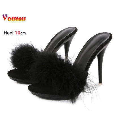 10CM Thin High Heel Summer Furry Slippers For Ladies Mules Fashion Fluffy Fur Slides Sandals 2025 New Brand Women's Party Shoes