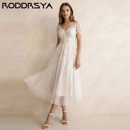 RODDRSYA Mid-Calf A-Line Customized Wedding Dresses V Neck Tulle Simple Bride Gown Short Sleeve Lace Appliques Bridal Dress