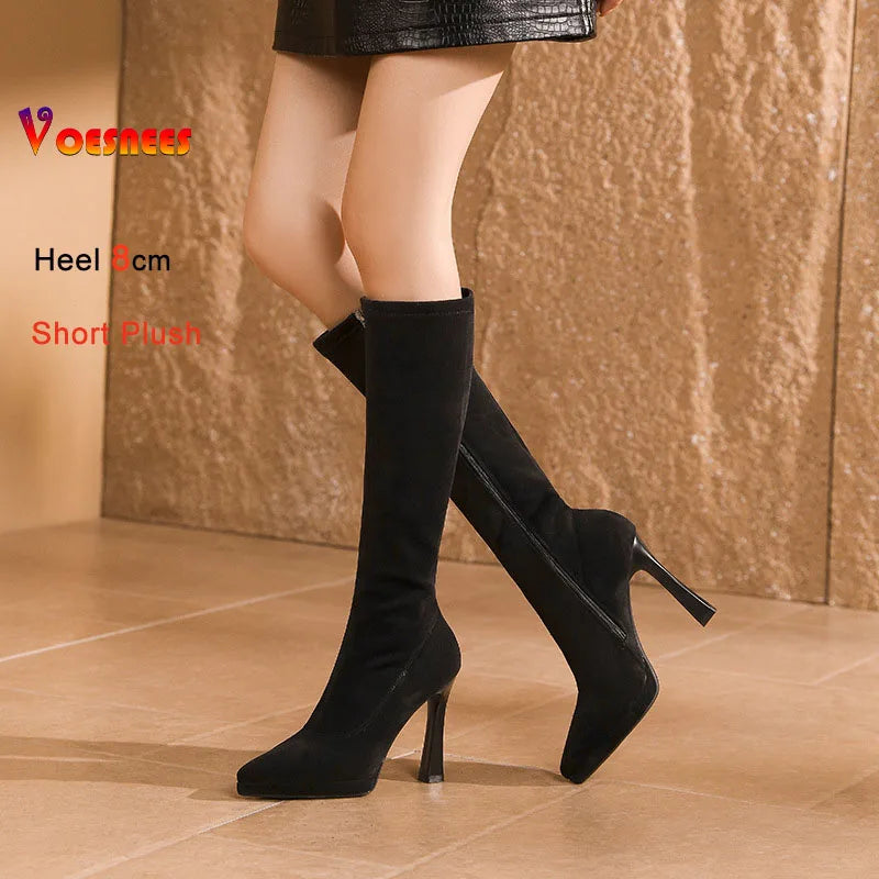 Black Knee High Boots For Women Pointed Toe 10cm High Heel Platform Side Zipper Slim Party Tall Boots Autumn Winter Lady Shoes