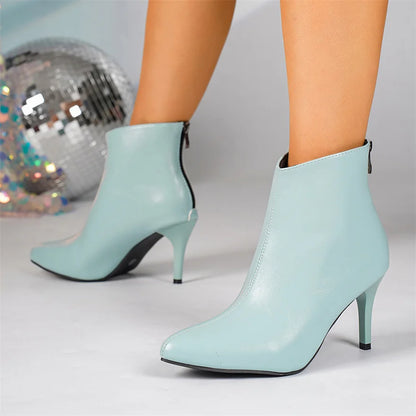 New Winter Soft PU Leather Women Ankle Boots Pointy Toe Side Zipper High Heels Stiletto Shoes Black Sexy Ladies Work Boots Party