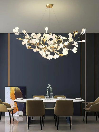 Modern Ceramics White Long Ginkgo Leaf LED Pendant Light Decoration Villa Living Room Ceiling Chandelier Indoor Hanging Lights