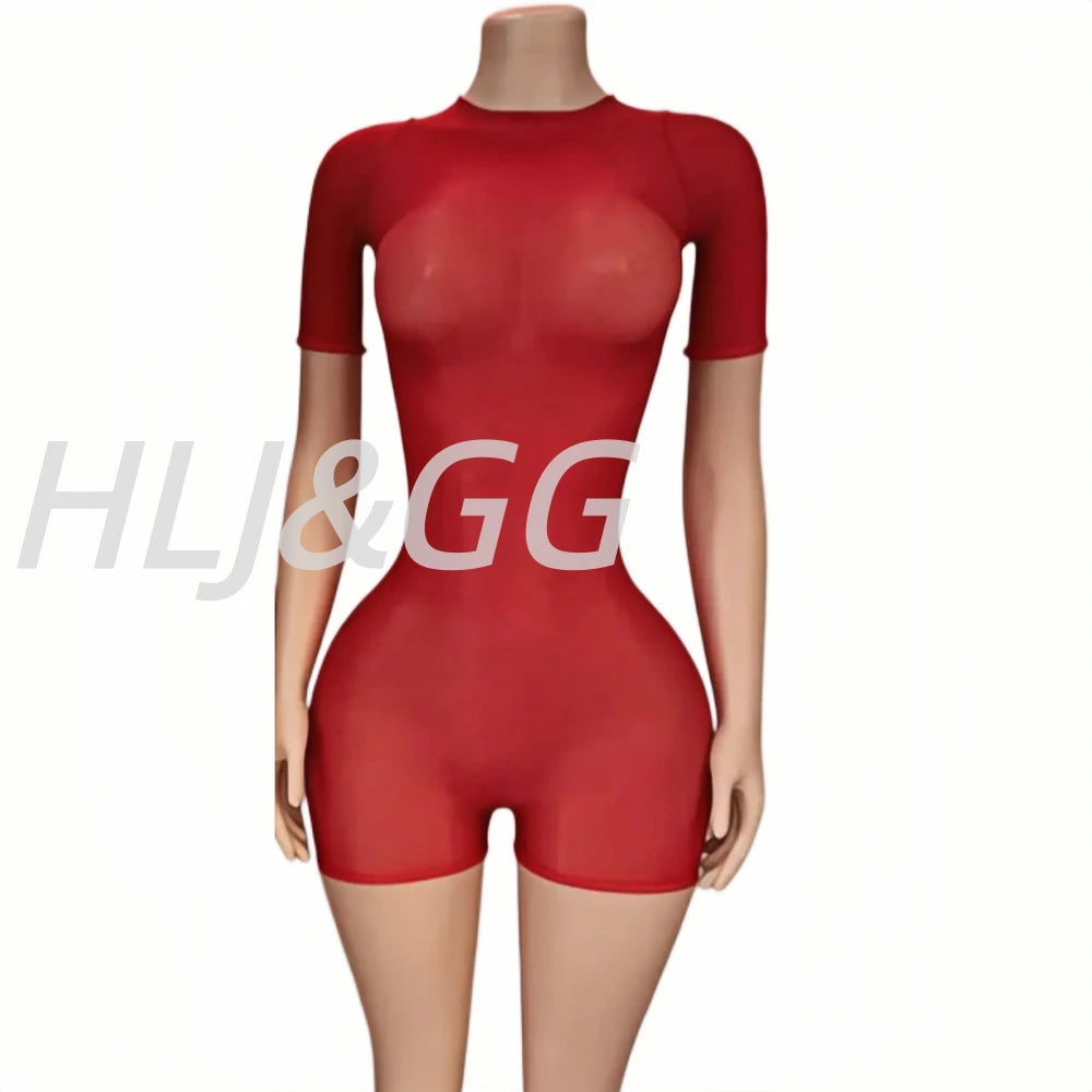 HLJ&GG Sexy See Though Stretchy Bodycon One Piece Rompers Women Round Neck Short Sleeve Slim Jumpsuits Hot Girl Nightclub Wear