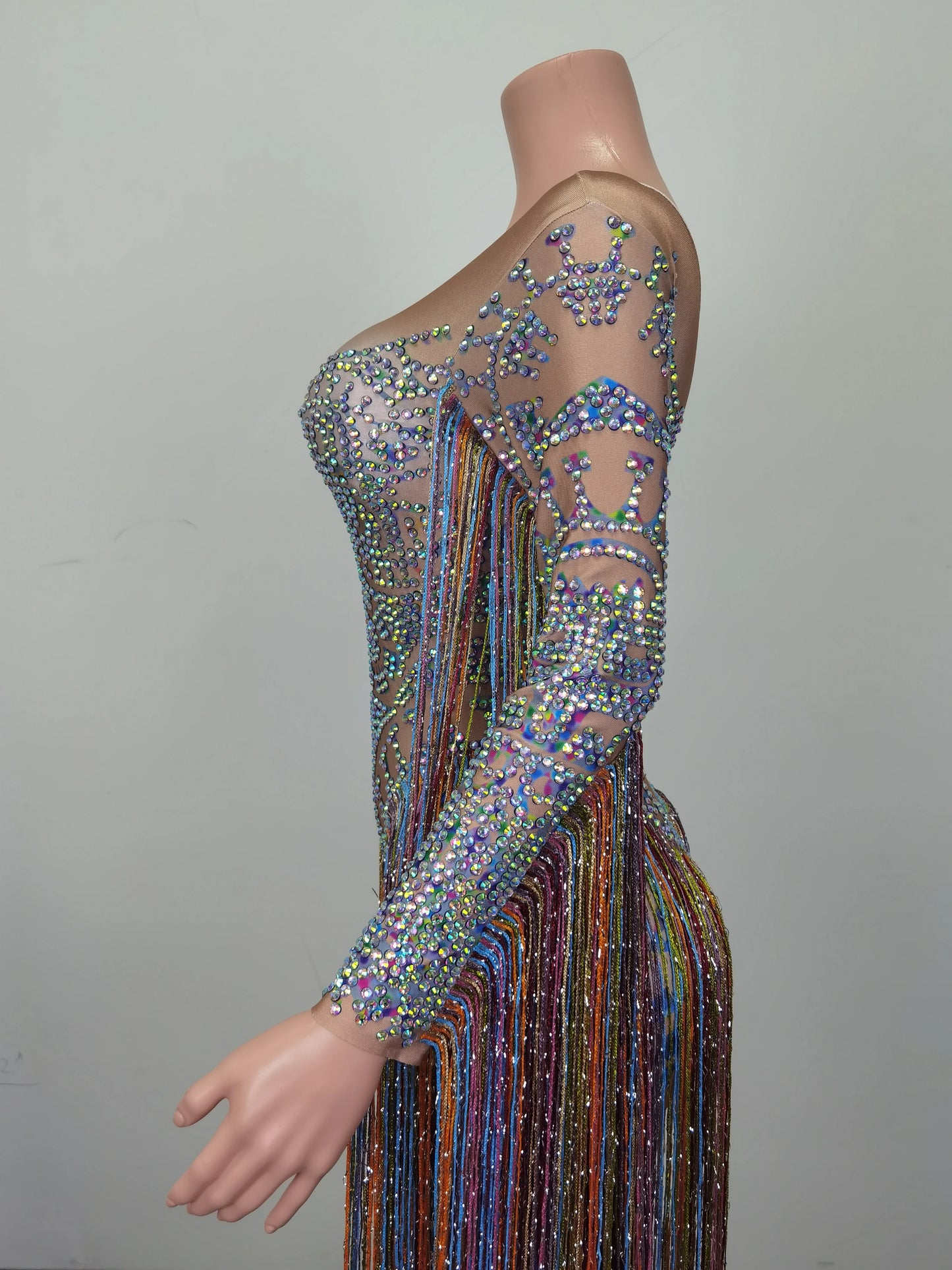 Fashion Rhinestone Tassel Rompers Women One Piece Jumpsuits Sexy Women Party Prom Stage Performance Dance Leotard Club Bodysuits