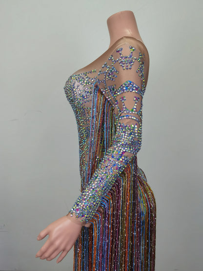 Fashion Rhinestone Tassel Rompers Women One Piece Jumpsuits Sexy Women Party Prom Stage Performance Dance Leotard Club Bodysuits