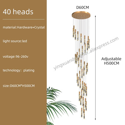 Crystal Staircase Pendant Lamp Modern Gold Lighting Fixture Ceiling Hang Pendant Light Luster Indoor Villa Loft Stair Chandelier