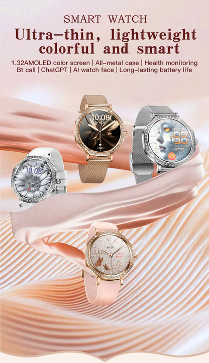 2026 New Ladies' Fashion Smartwatch Diamond Frame HD AMOLED Screen Bluetooth Call Health Monitoring Waterproof Smart Watch Gift