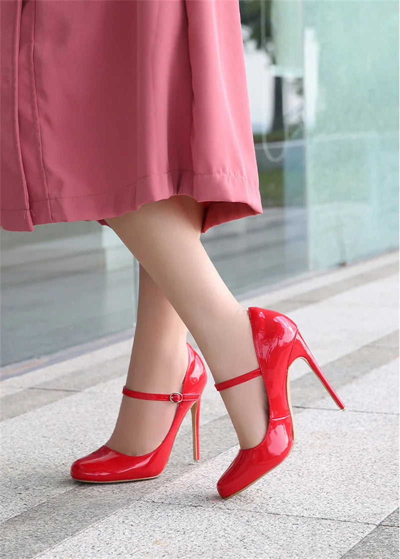 Liyke Big Size 44 45 46 Patent Leather Stiletto High Heels For Ladies Party Prom Shoe Fashion Round Toe Buckle Strap Women Pumps