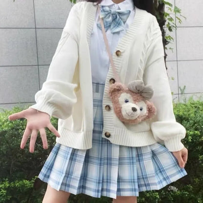 School Autumn Winter Lazy Style Japanese JK Knit Cardigan Loose College Sweater Plaid Skirt Matching Set For Campus Daily Class