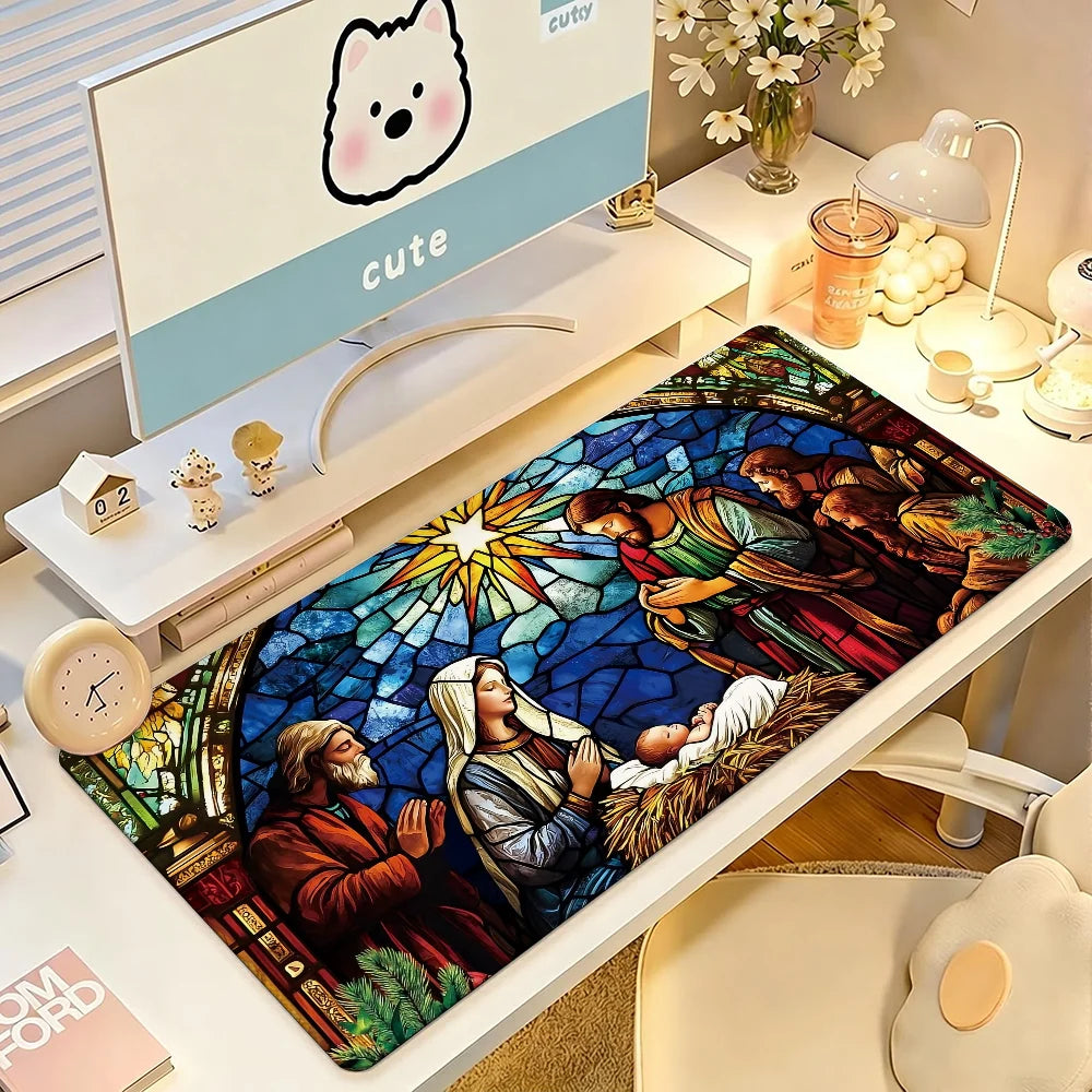 Christmas Nativity Scene Mouse Pad Large Non-Slip Waterproof Mat Stitched Edge Keyboard Pad for Gaming Daily Office