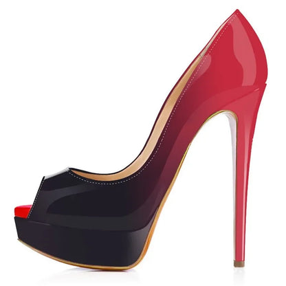 Women Pumps Sexy Platform Peep Toe 14cm Extremely High Heels Woman  Patent Leather Nighclub Red Wedding Shoes Gradient Stiletto