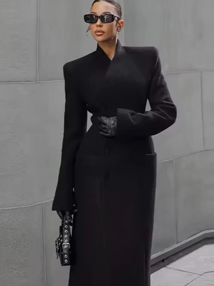 HH Woman Winter Fashion Single-breasted Long Sleeves Waist Long Coat Female Stand-up Collar Pockets Warm Solid Woolen Coat