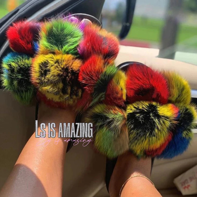 Natural Fox Fur Slippers, Fashionable Outdoor Multi-Color Animal Hair Slippers, Women's Gifts, Soft EVA Sole Slippers, On Trend