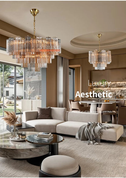 Round Murano Glass Ceiling Chandelier For Dining Living Room Bedroom Foyer Amber Glass Crystal Tube Hanging Chandelier Lights