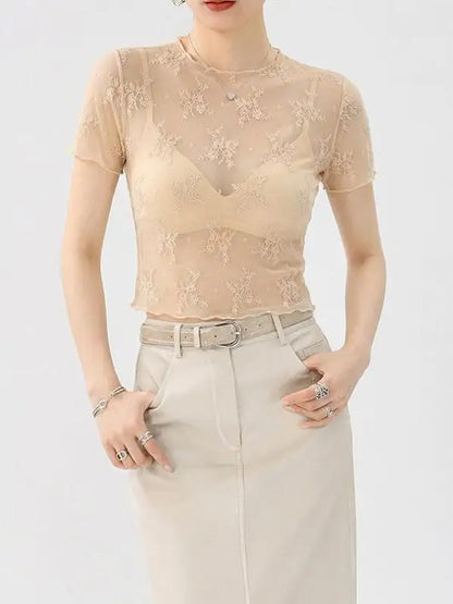 White Lace Mesh Base Shirt Women's Transparent Inner Wear Outerwear Slimming Short Style Korean Version Floral Print Top