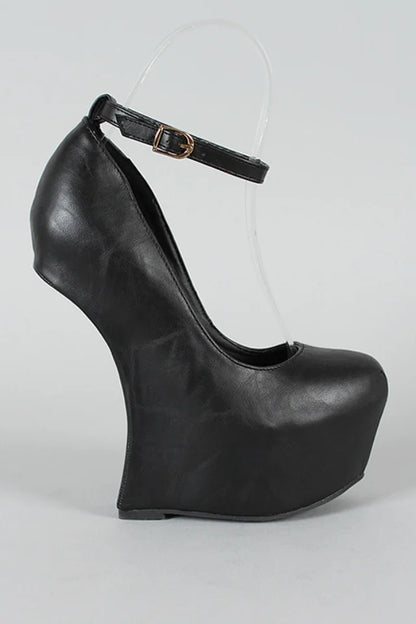 2026 Summer New Patent Leather Peep-Toe Platform Wedge Heels for Women Unique Curved Heel Ankle Strap Sexy Runway Party Sandals