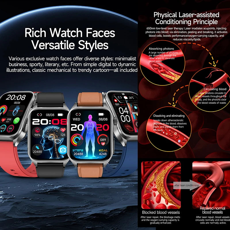 2026 New Health Smart Watch Laser Therapy Reduce Three Highs Blood Oxygen Pressure Uric Acid Blood Lipid ECG Smartwatch For Man