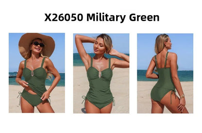 Nylon Tankini Swimsuit Two-Piece Swimwear High Elasticity Quick Dry Female Adult Pure Color European Style Swimming Water Sport