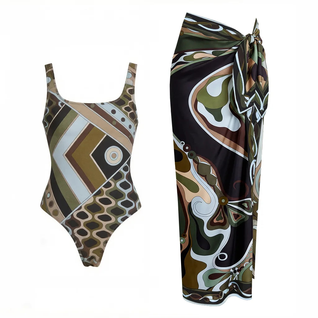 2026 New Long Sleeve Vintage Print One Piece Swimwear Zipper Women Bathing Suit And Wrap Skirt Surfing Swim Suit Beachwear