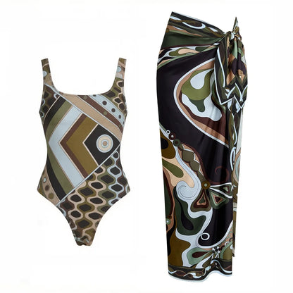 2026 New Long Sleeve Vintage Print One Piece Swimwear Zipper Women Bathing Suit And Wrap Skirt Surfing Swim Suit Beachwear