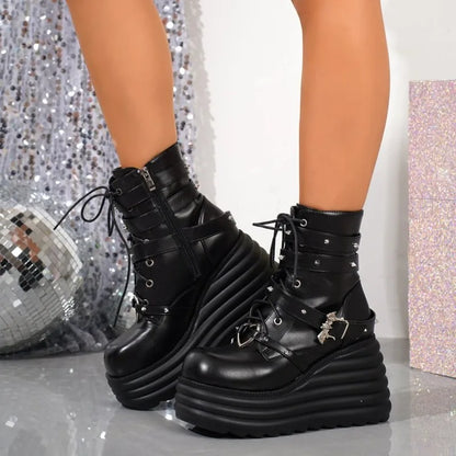 Women's Ankle Boots Round Toe High Platform Wedge Heel Lace-Up Side Zipper Gothic Punk Style Studded Strap Chunky Footwear 2026