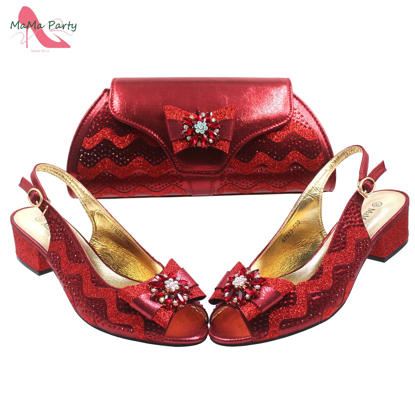 Golden Elegant Ladies Shoes Matching Bag Set Slingbacks Peep Toe Low Heels Fashion New Design Italian for Wedding