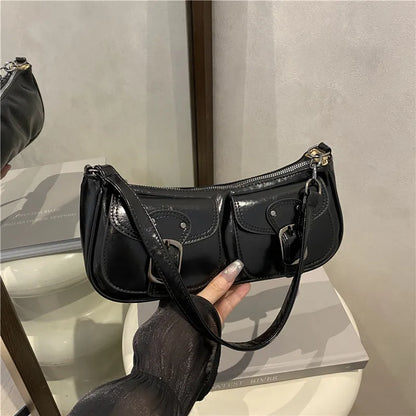 Fashion Pu Leather Women's Shoulder Bag Small Double Pocket Design Ladies Underarm Bags Y2k Vintage Female Handbags Clutch Purse
