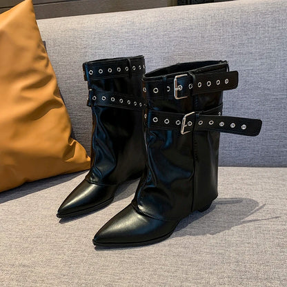 2025 Pointed Toe Women's Winter Boots Designer Mid Heels Elegant Shoes Pumps Fashion Boots New Trend Dress Gothic Ladies Boots