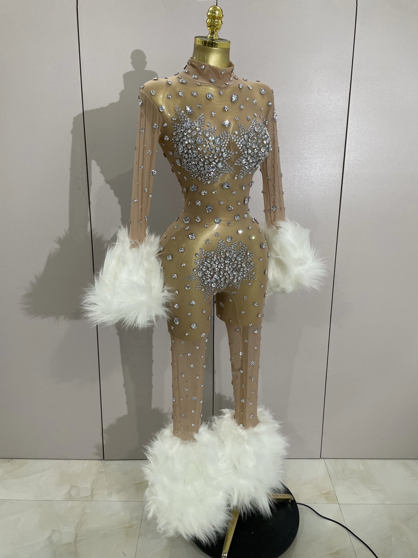 STOCK Luxury Diamond Black Mesh Transparent Stretchy Long Sleeve Jumpsuit Women Sexy Performance Singer Costume Nightclub Outfit
