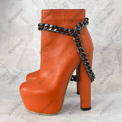 Ahhlsion New Women Winter Ankle Boots Platform Chunky Heels Chain Round Toe Pretty Blue Party Shoes Ladies US Plus Size 5-20