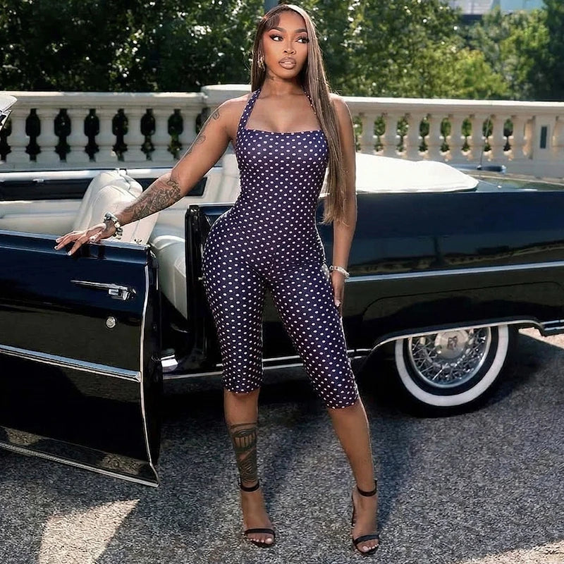 Fashionable polka dot sleeveless hanging neck slim fit jumpsuit, seven part jumpsuit