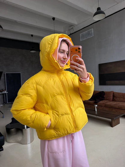 Women Long Sleeved Loose Wave Stitched Short Hooded Cotton Coat Zipper With Pocket Quilted Jacket 2026 Winter Casual Warm Coats