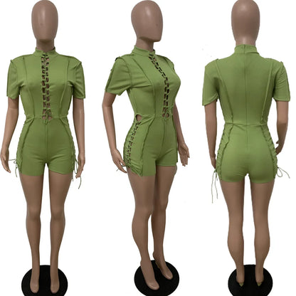 Wholesale Streetwear Jumpsuit Women 2023 One-pieces Outfits Rompers Summer Green Short Sleeve Bodycon Casual Bandage Playsuits