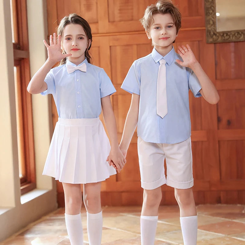 Children Summer Kindergarten School Uniforms Girls Pleated Skirts JK Suit Boys Shirt Shorts Bowtie Wedding Performance Costume