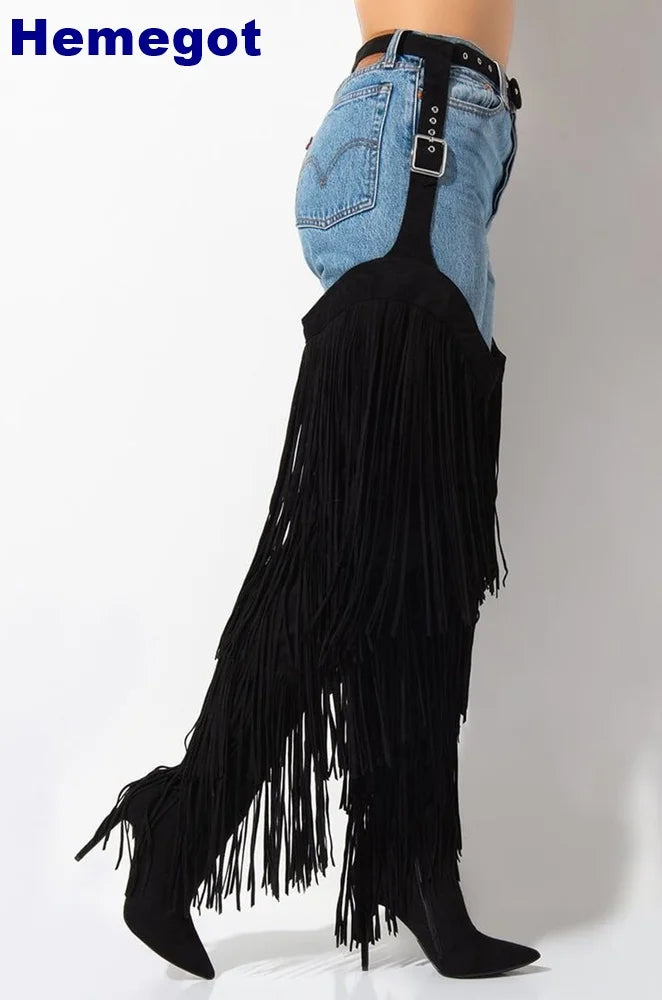 2025 Fashion Ladies Over Knee Belt Tassel Boots Autumn Winter Stiletto Stage Catwalk Model Boots Snake Pattern Street Sexy Boots