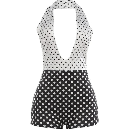 Weird Puss Polka Dots Print Patchwork Halter Backless Playsuit Summer Women's Suit Sexy Stretch Woman Jumpsuits and Rompers