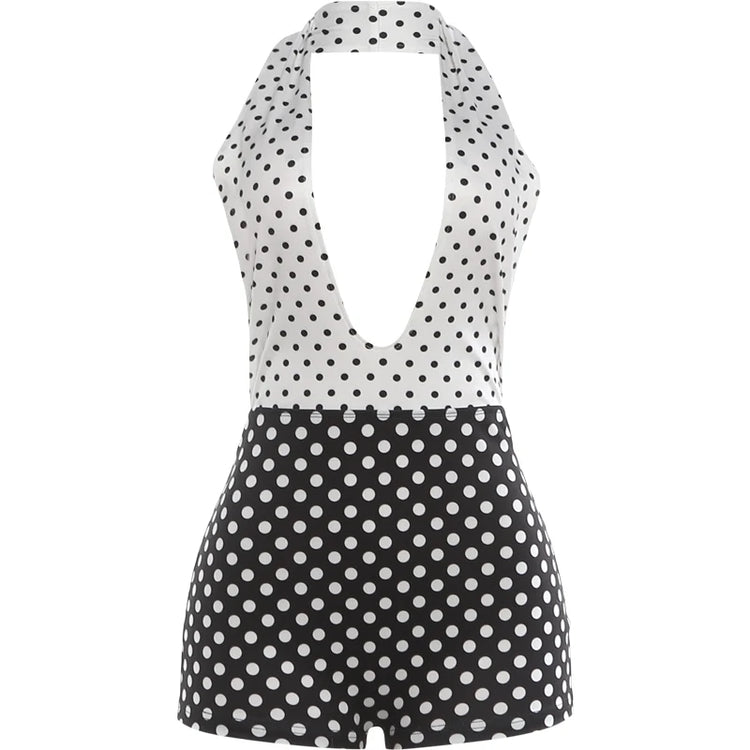 Weird Puss Polka Dots Print Patchwork Halter Backless Playsuit Summer Women's Suit Sexy Stretch Woman Jumpsuits and Rompers