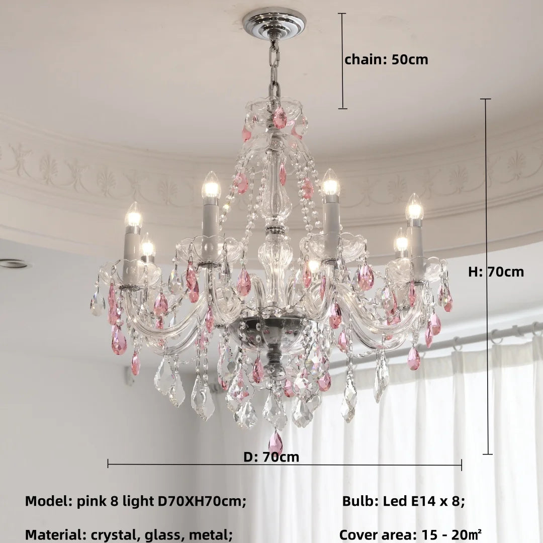 French Romantic Crysatl Candle Chandelier Luxury Glass Pink E14 Pendant Lights Living Room Art Decor Led Lamparas Bedroom Lamp
