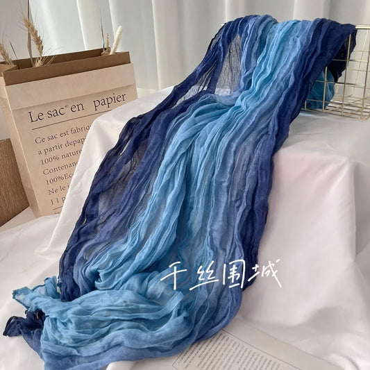 VREOVOR Scarf Cotton Hemp Gradient Blue Autumn Winter Retro Versatile Printed Women's Long Fold Shawl Elegant and Fashionable