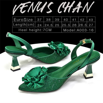 2026 Luxury Green 3D Rose Rhinestone Shoes And Bag Set Women Pointed Toe Slingback High Heels Matching Clutch For Wedding Party