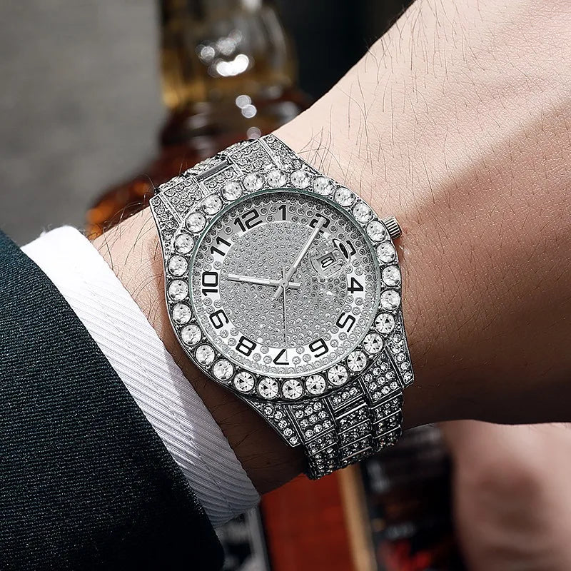 Hot Selling Full Diamond dial Iced Out alloy decoration Quartz Watch Men Luxury Hip Hop Men Watches Day Date Male classic Clock