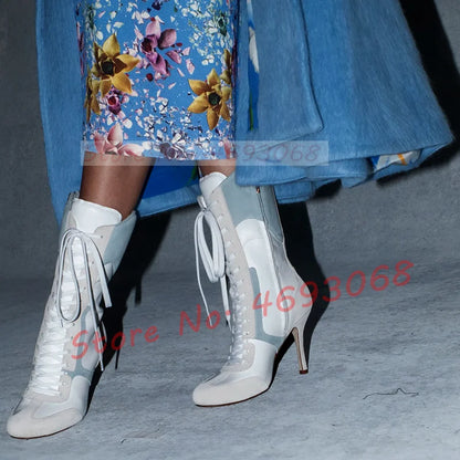 Grey White Splicing Suede Sneaker Boots Women Chic Round Toe Mixed Color High Heels Shoes Women Newest Lace Up Party Ankle Boots