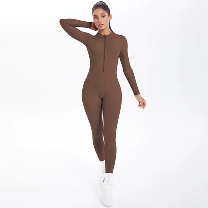 Solid Color Bodysuits for Woman's Backless Long Sleeved Zipper Yoga Jumpsuits High Dtrength Workout Sports Fitness Clothing Set