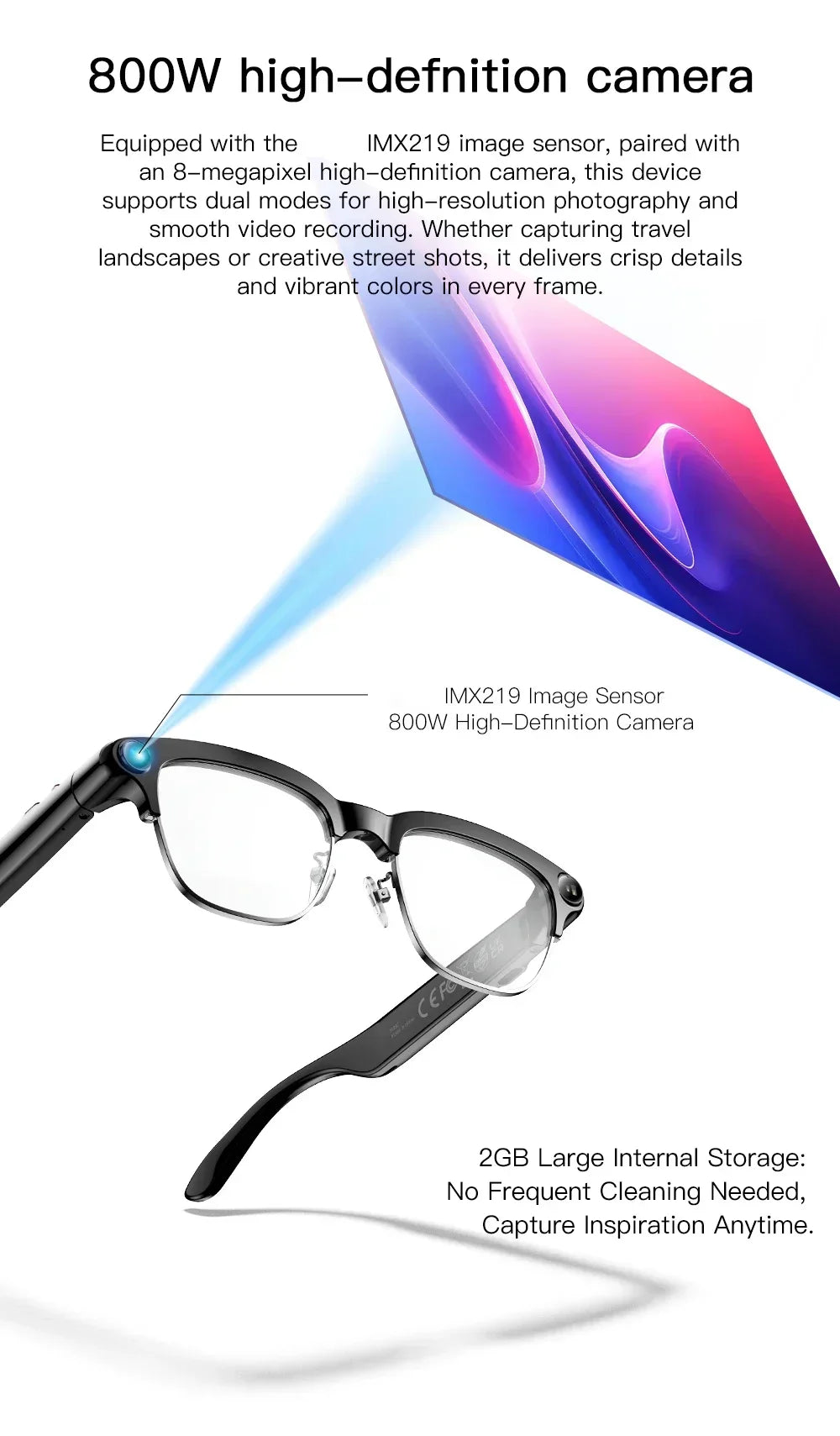 New Smart Glasses Take Photos and Videos Real-Time Translation Voice Assistant Translation 2GB Memory 800W Camera Smart Glasses
