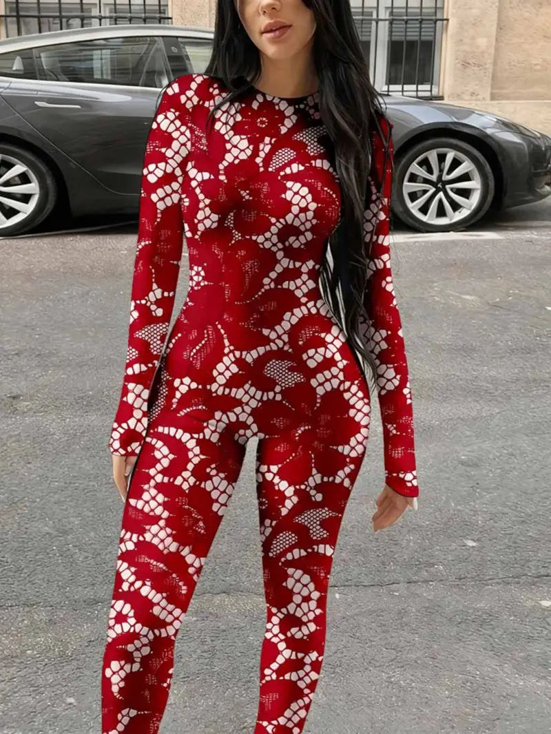 Round neck long sleeved tight fitting jumpsuit elastic slim fit women's spicy style jumpsuit pants