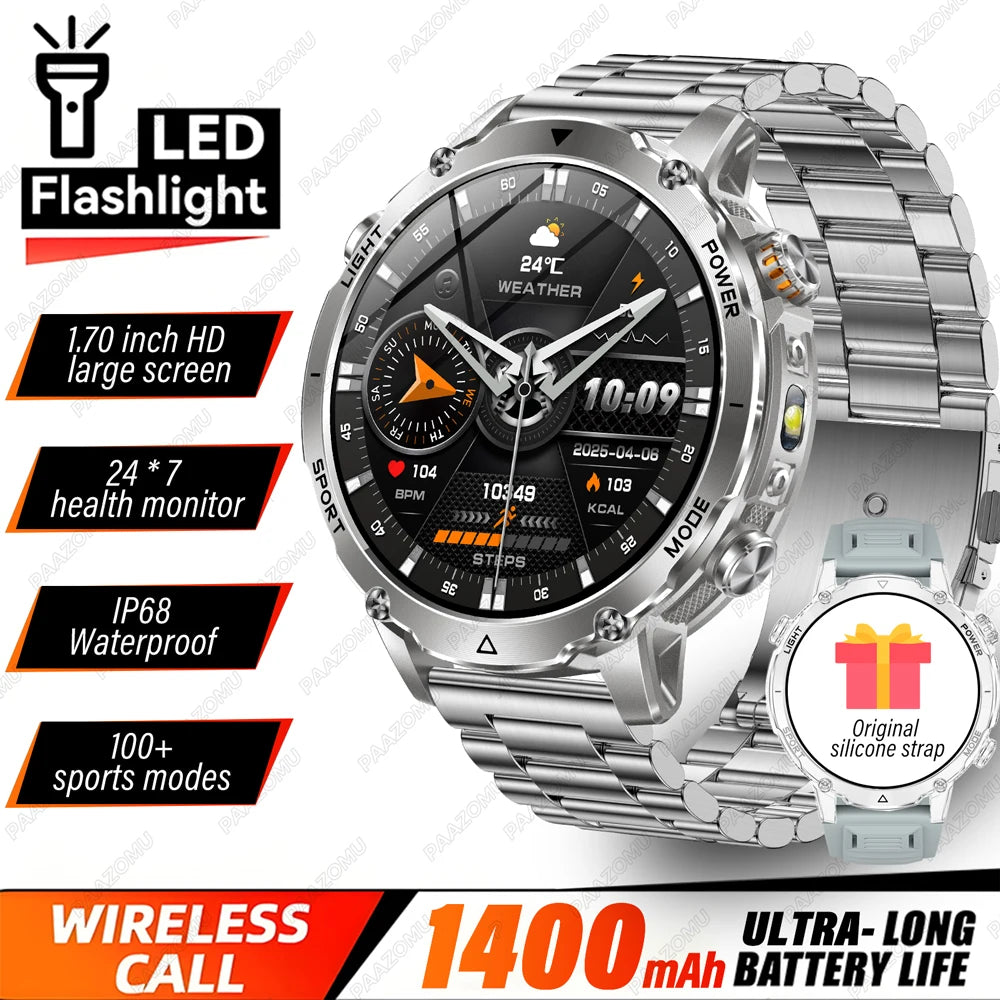 Brand+1400mAh Big Battery Smartwatch Men 1.7" AMOLED 200-Day Standby Swim Diving Waterproof GPS Military Tactical SOS 100 Sports