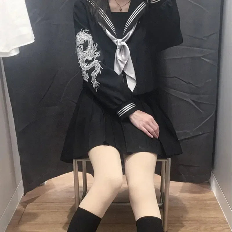 Japanese School Girl Uniform Pink Silver Dragon Sailor Outfit Skirt Sets JK Sailor Seifuku Uniform Cos Student School Clothes